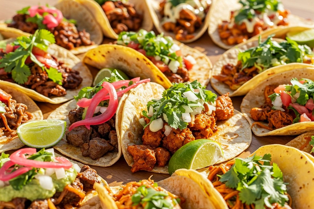 Colorful spread of various tacos with diverse fillings