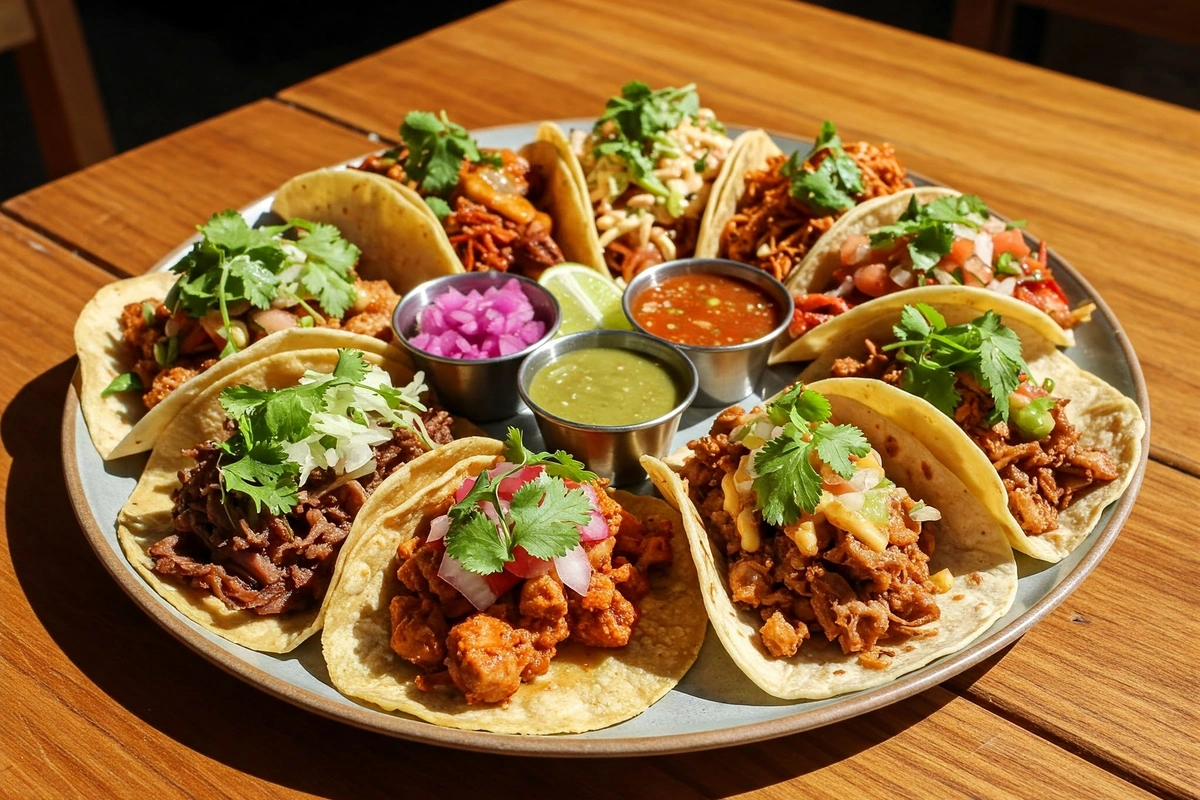 Vibrant taco platter with various colorful fillings and toppings