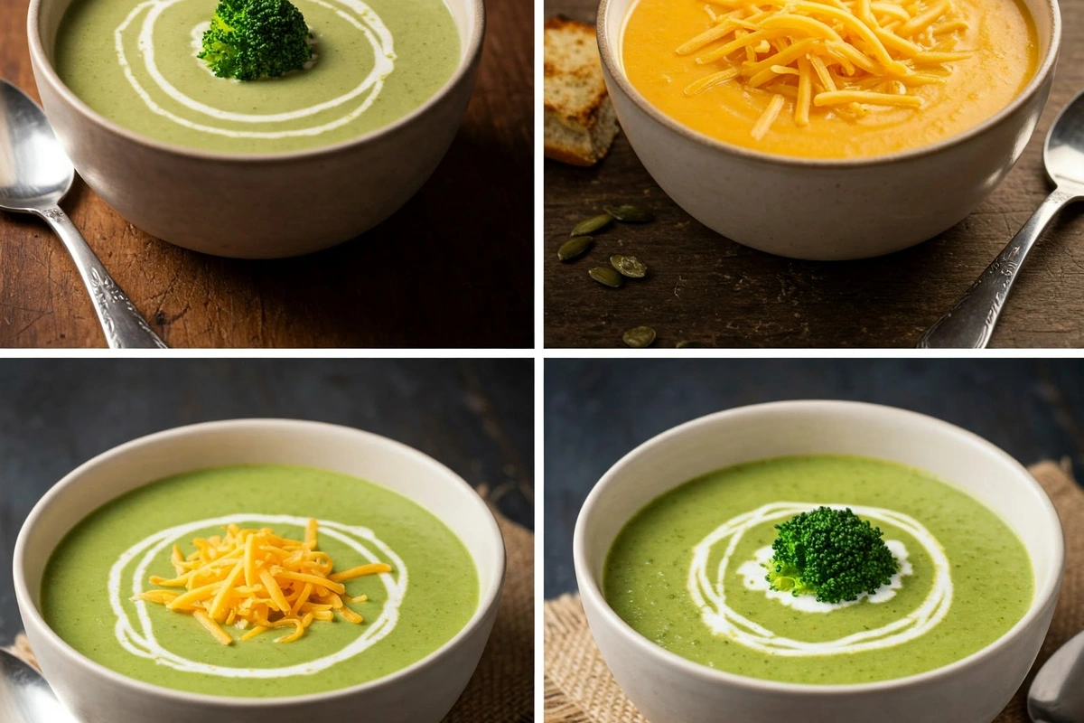  Four different variations of broccoli soup in separate bowls.