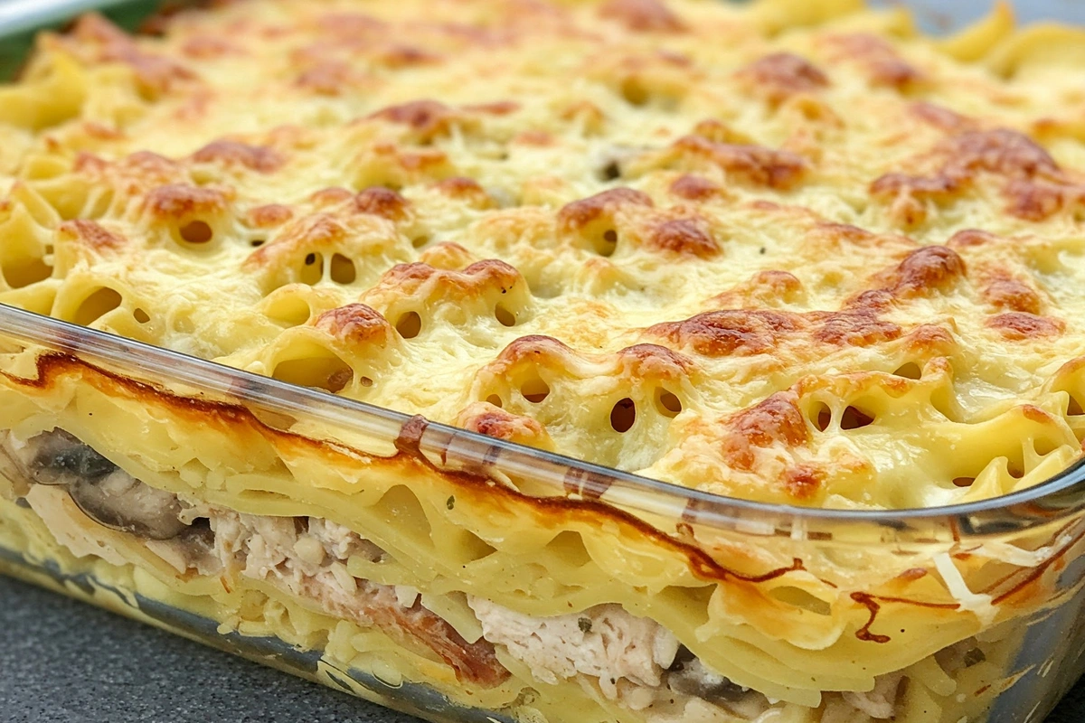 Baked chicken tetrazzini in a glass dish