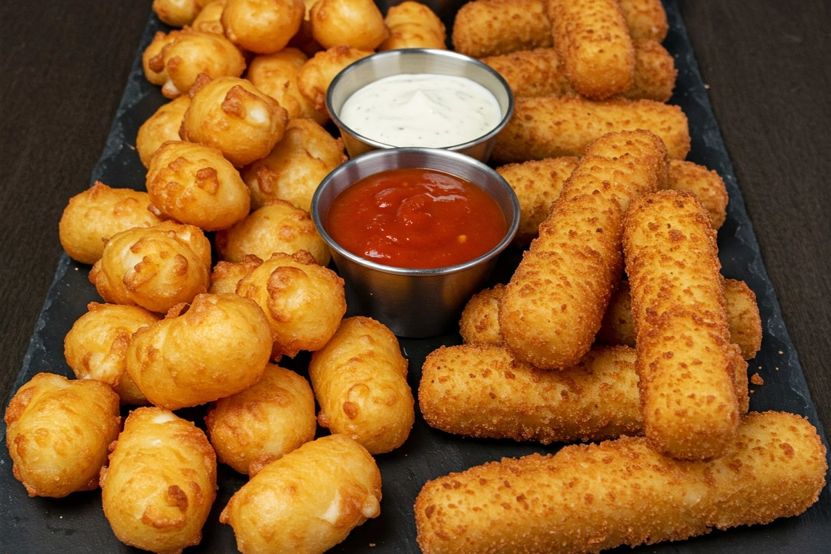 Fried cheese curds and mozzarella sticks served with dipping sauces