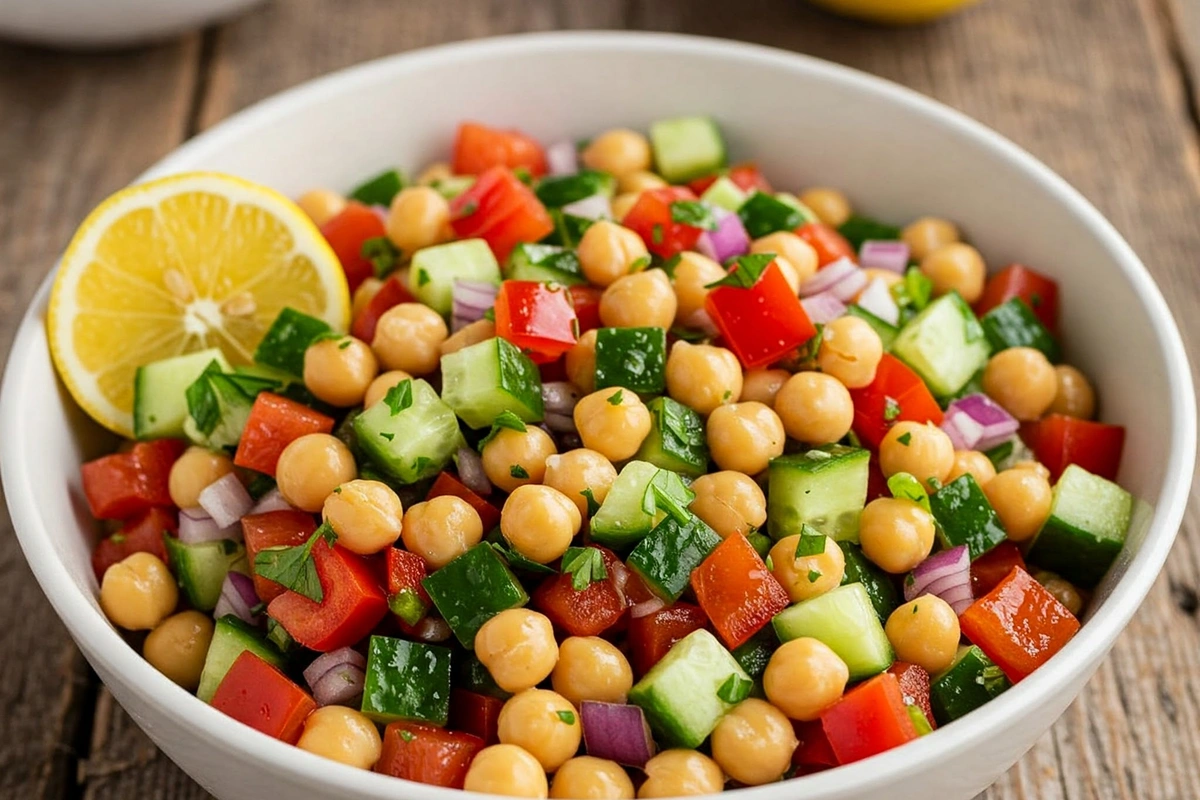 Bowl of Mediterranean chickpea salad with lemon dressing