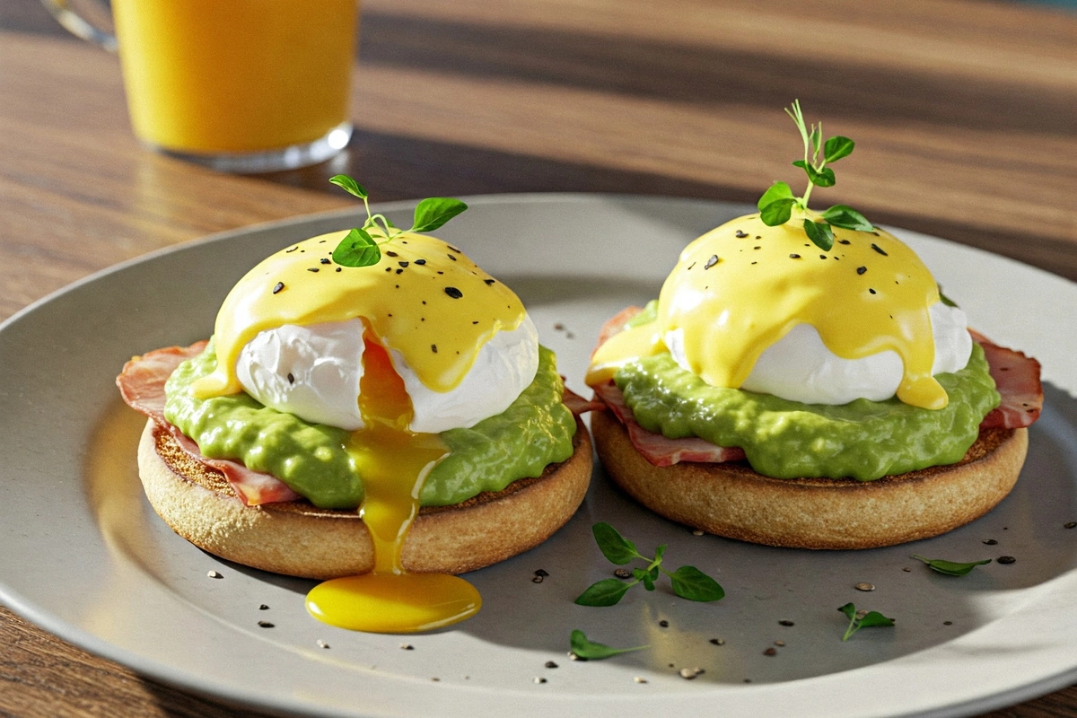 Eggs Benedict topped with avocado sauce on a rustic brunch table