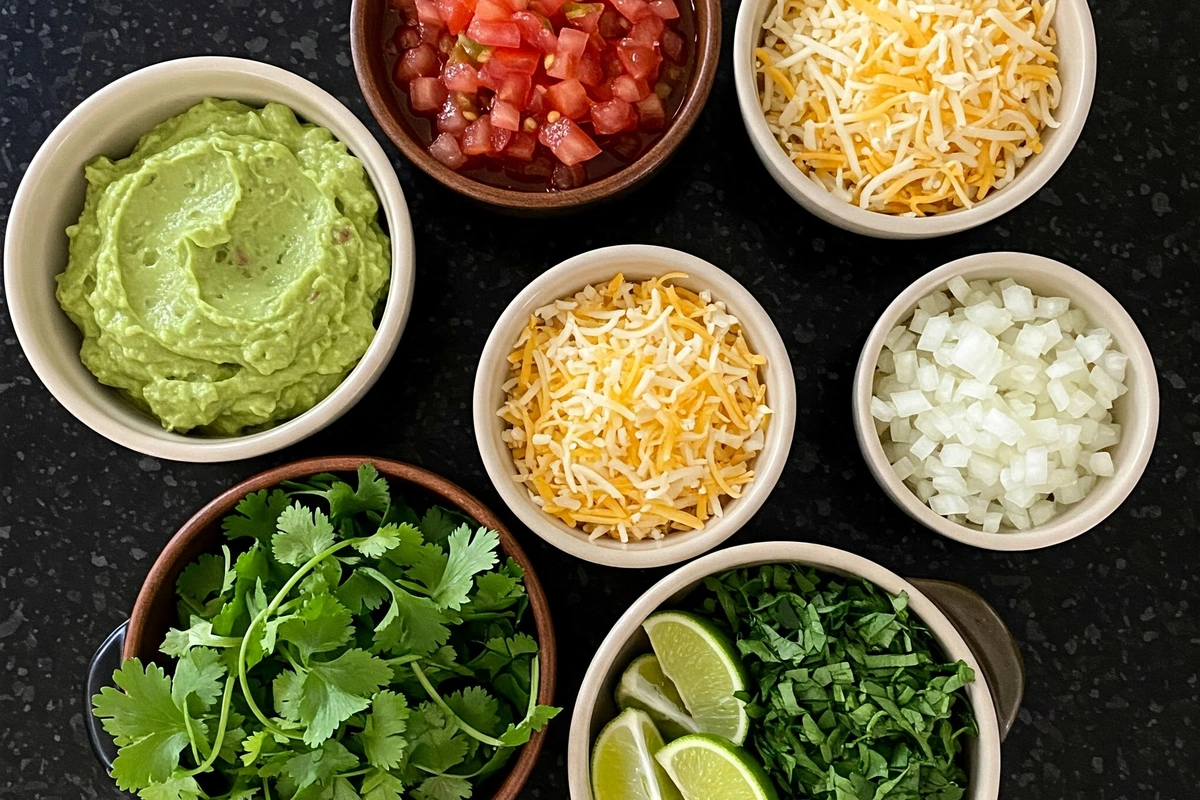  Taco toppings including guacamole, salsa, and shredded cheese