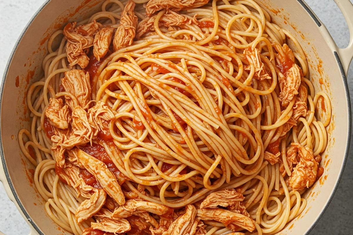 Mixing chicken spaghetti with sauce to prevent clumping