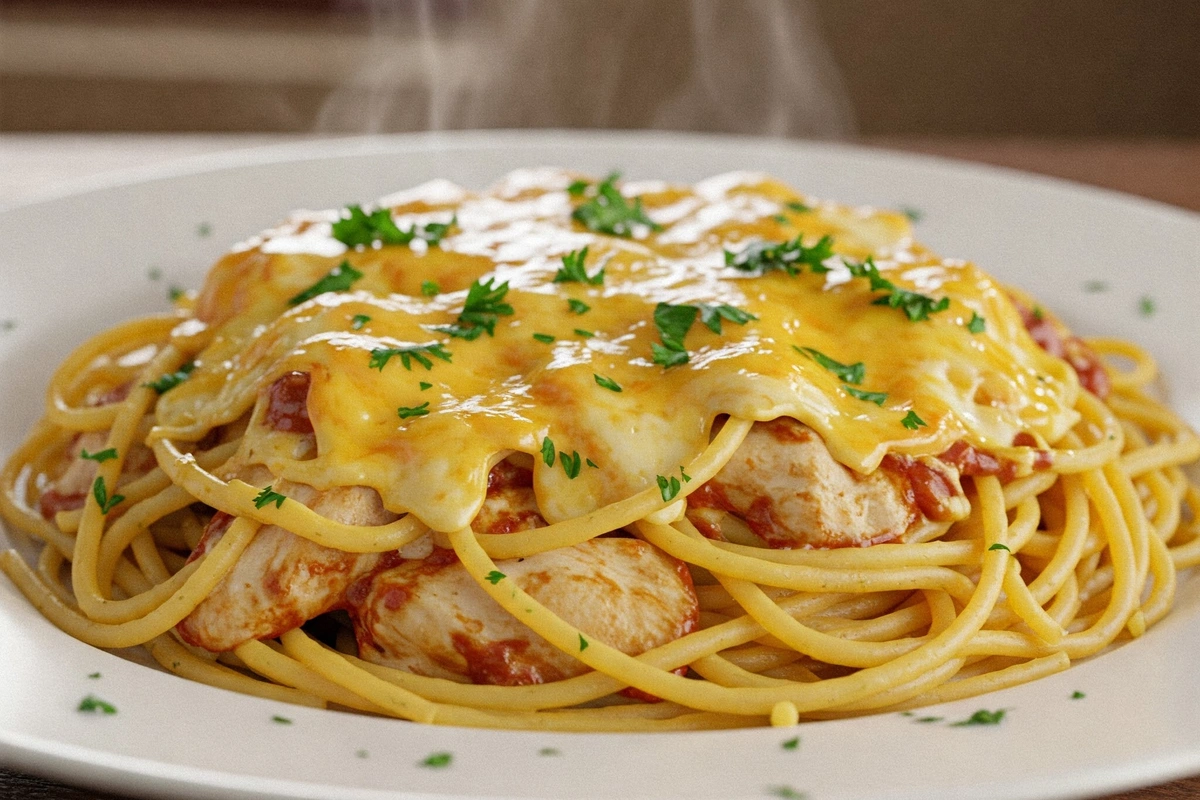 Creamy chicken spaghetti with melted cheese and parsley