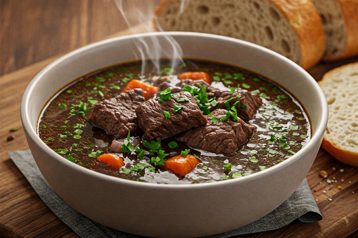 Bowl of rich beef soup garnished with fresh herbs 