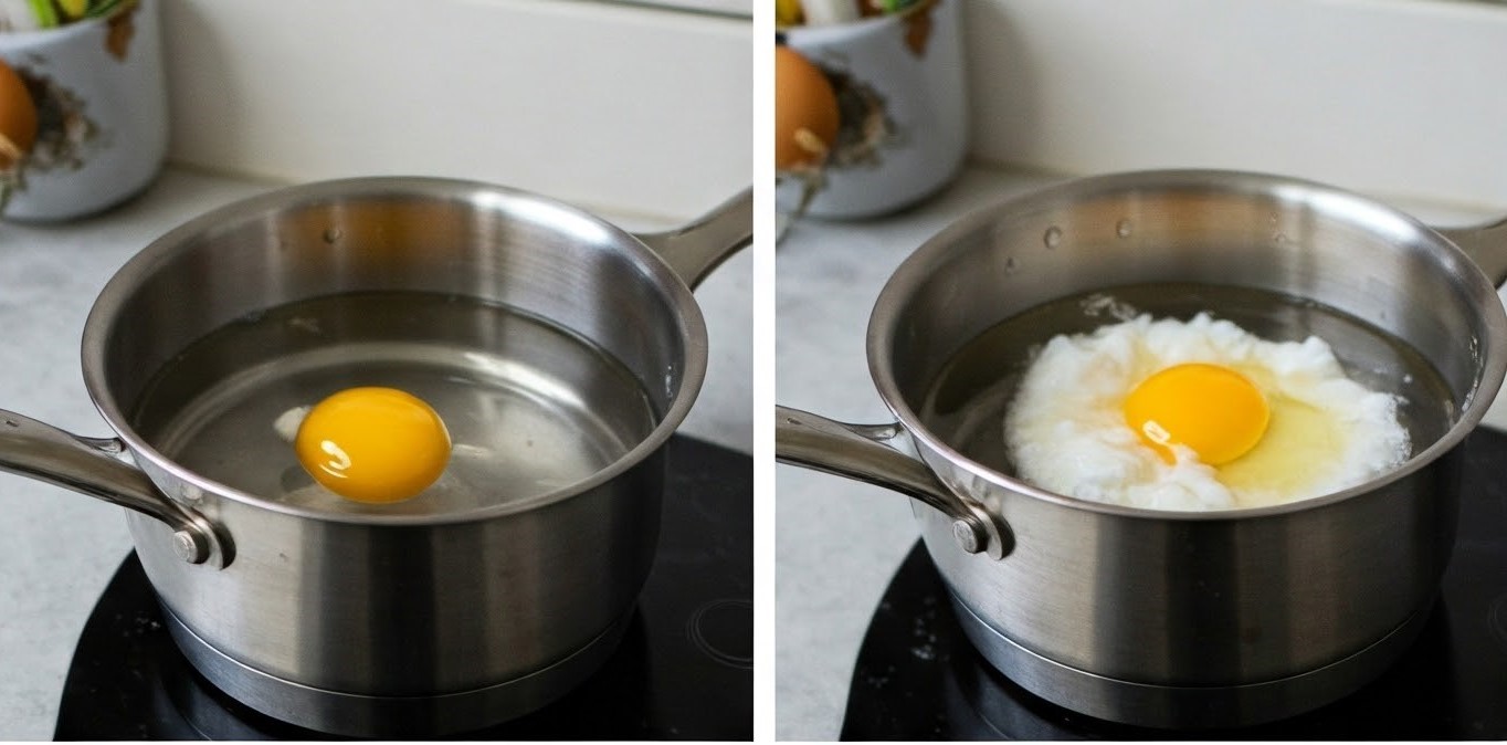 Step-by-step egg poaching process for Eggs Benedict