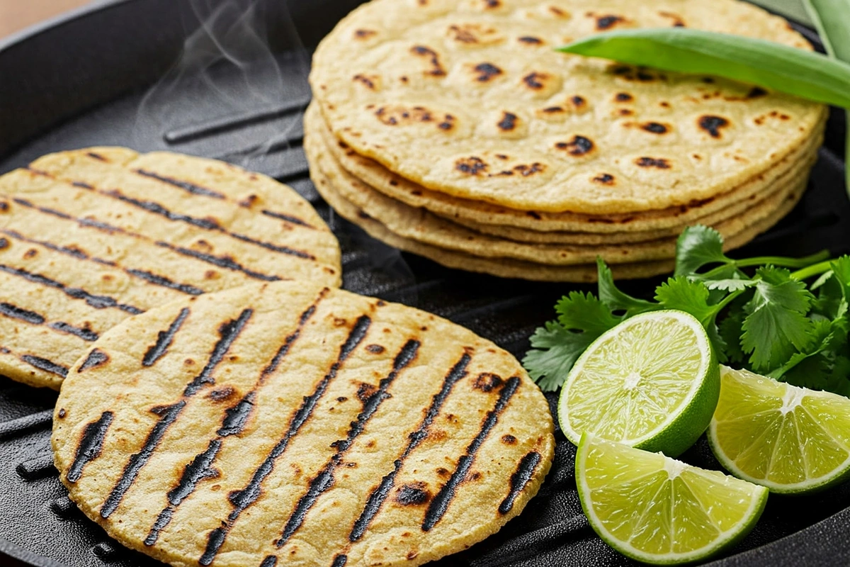  Freshly grilled corn tortillas on a skillet