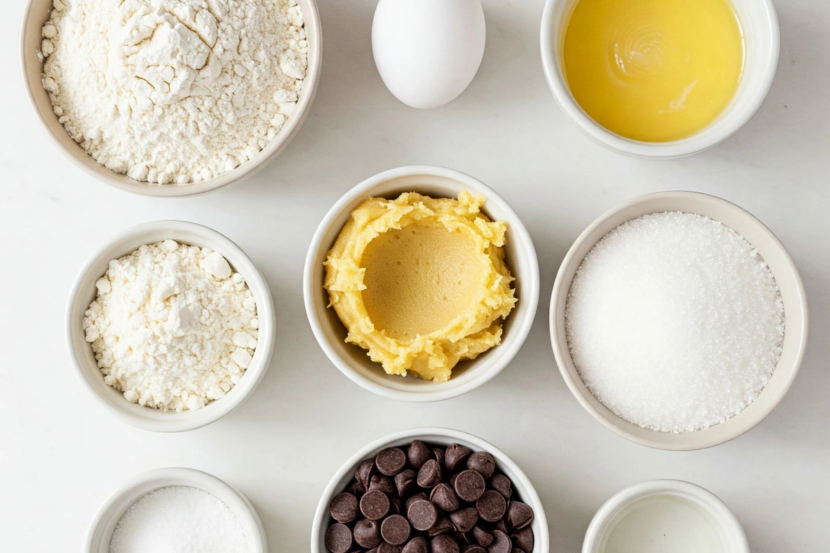  Ingredients for brown butter chocolate chip cookies on a counter