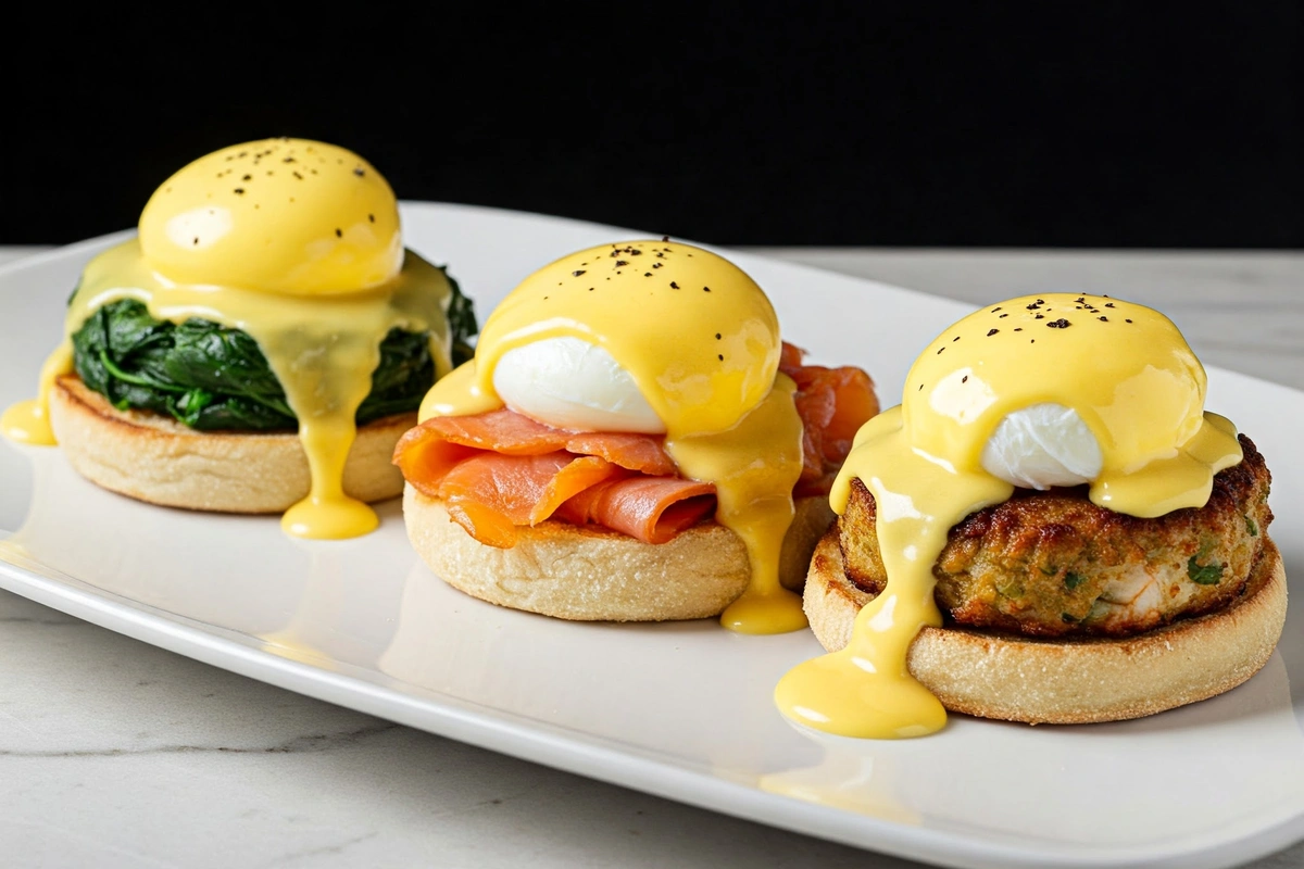 Eggs Benedict variations including Florentine and salmon