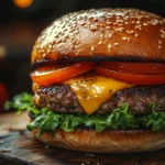 Juicy grilled burger with cheese and lettuce