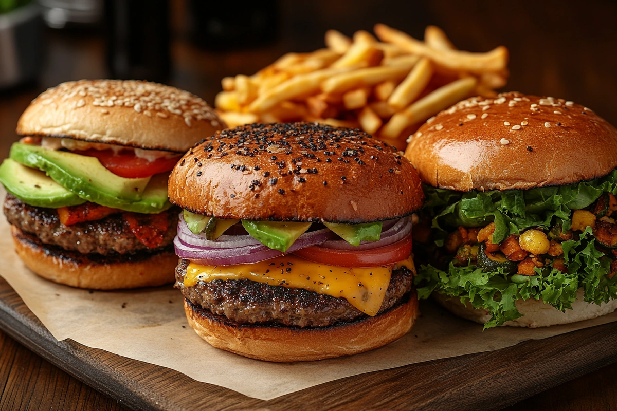 A trio of diverse burger styles