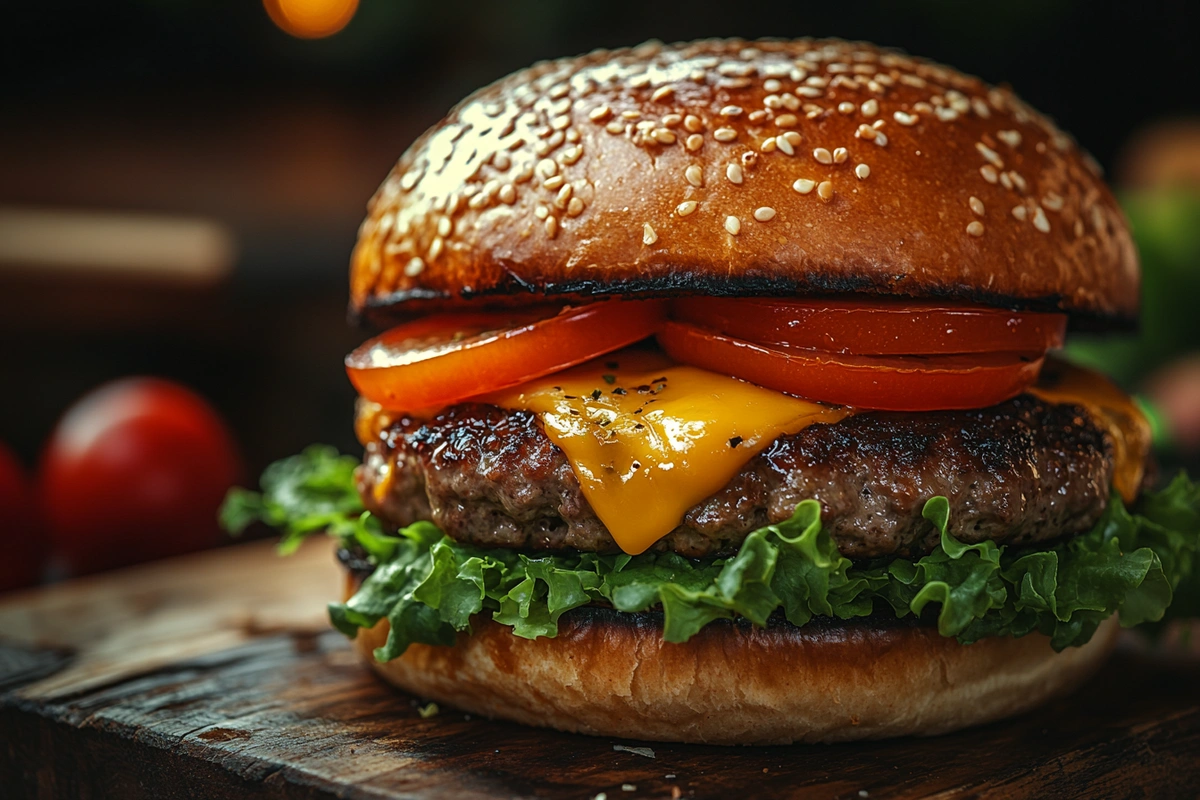 Juicy grilled burger with cheese and lettuce