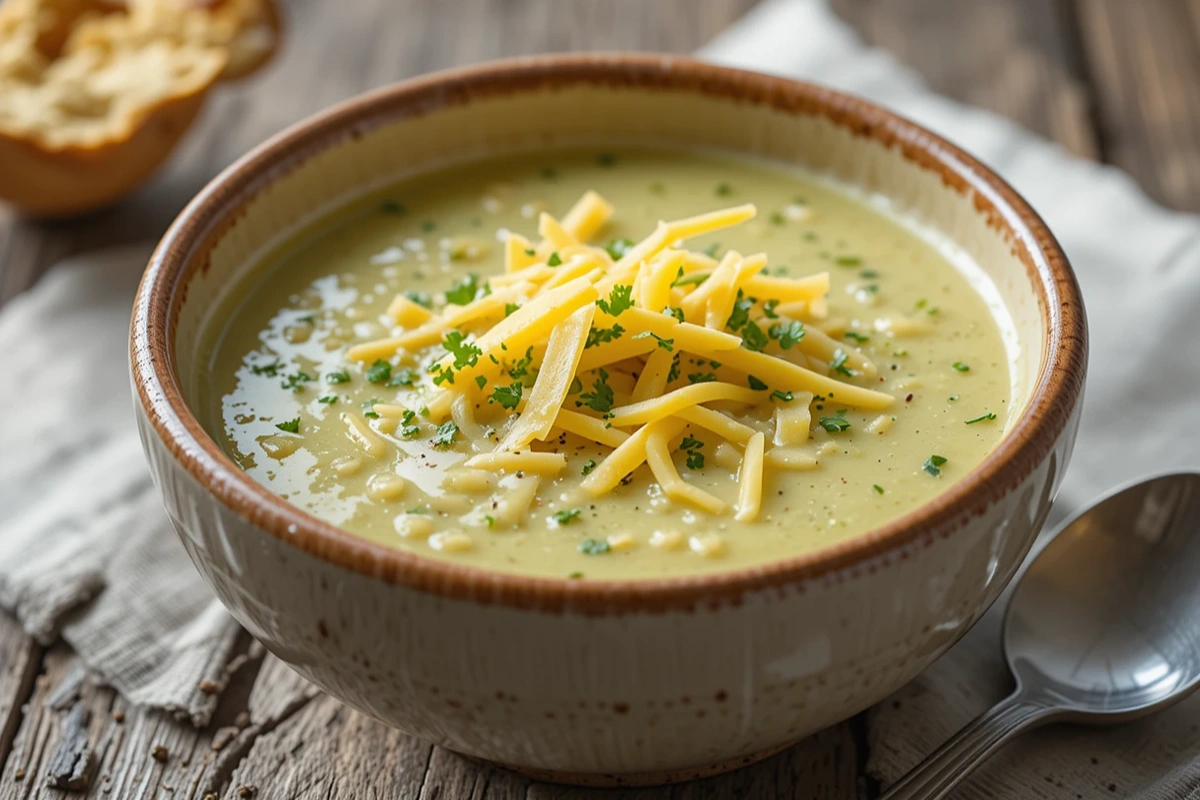 A bowl of creamy broccoli soup with cheese and herbs