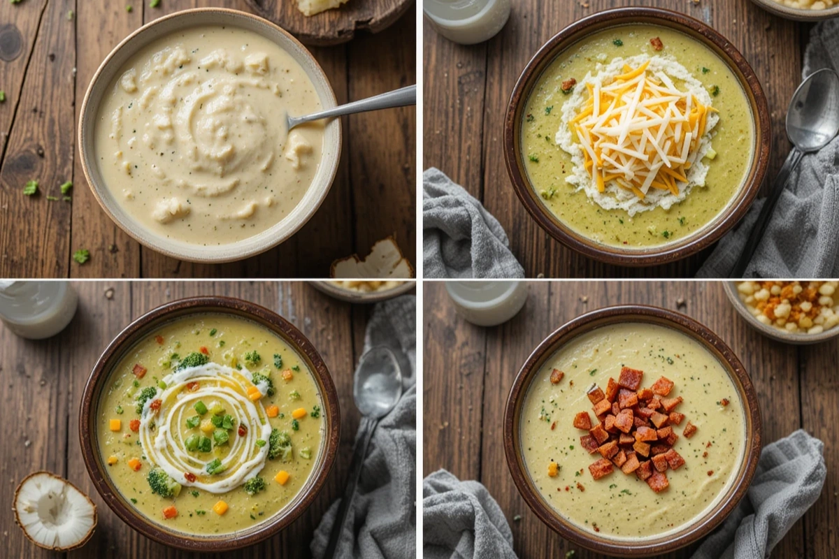 Four different variations of broccoli soup in separate bowls.