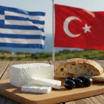 Rustic table with Greek and Turkish flags and feta cheese