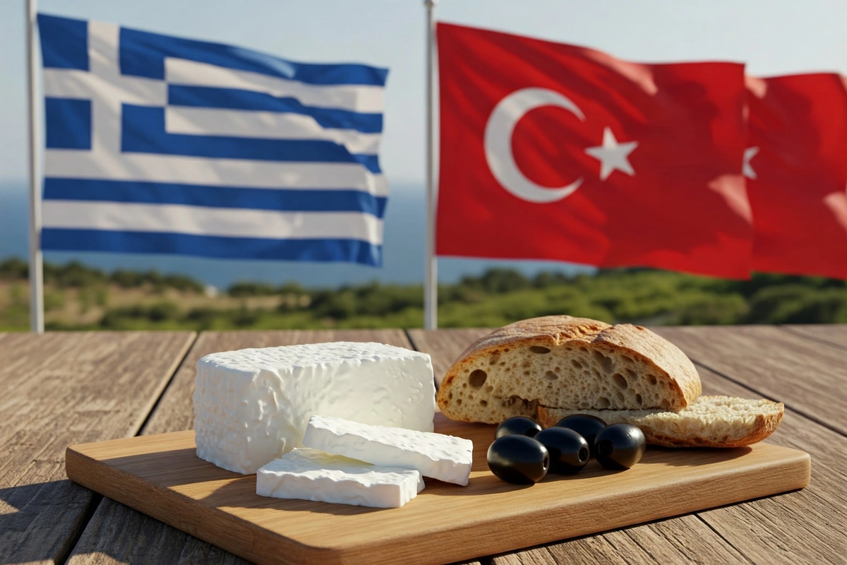 Rustic table with Greek and Turkish flags and feta cheese