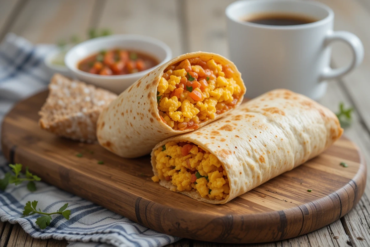 Breakfast burrito with eggs, cheese, and salsa on a rustic board