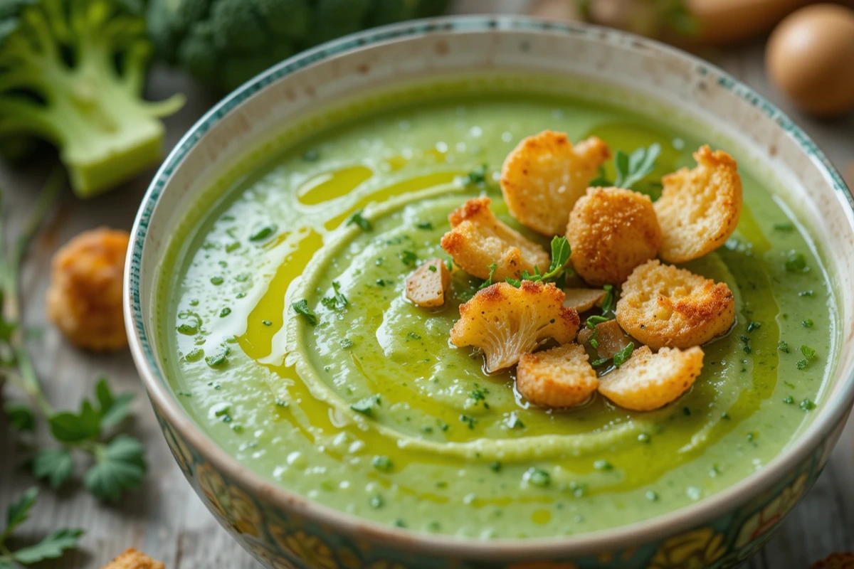 Bowl of creamy broccoli soup garnished with croutons