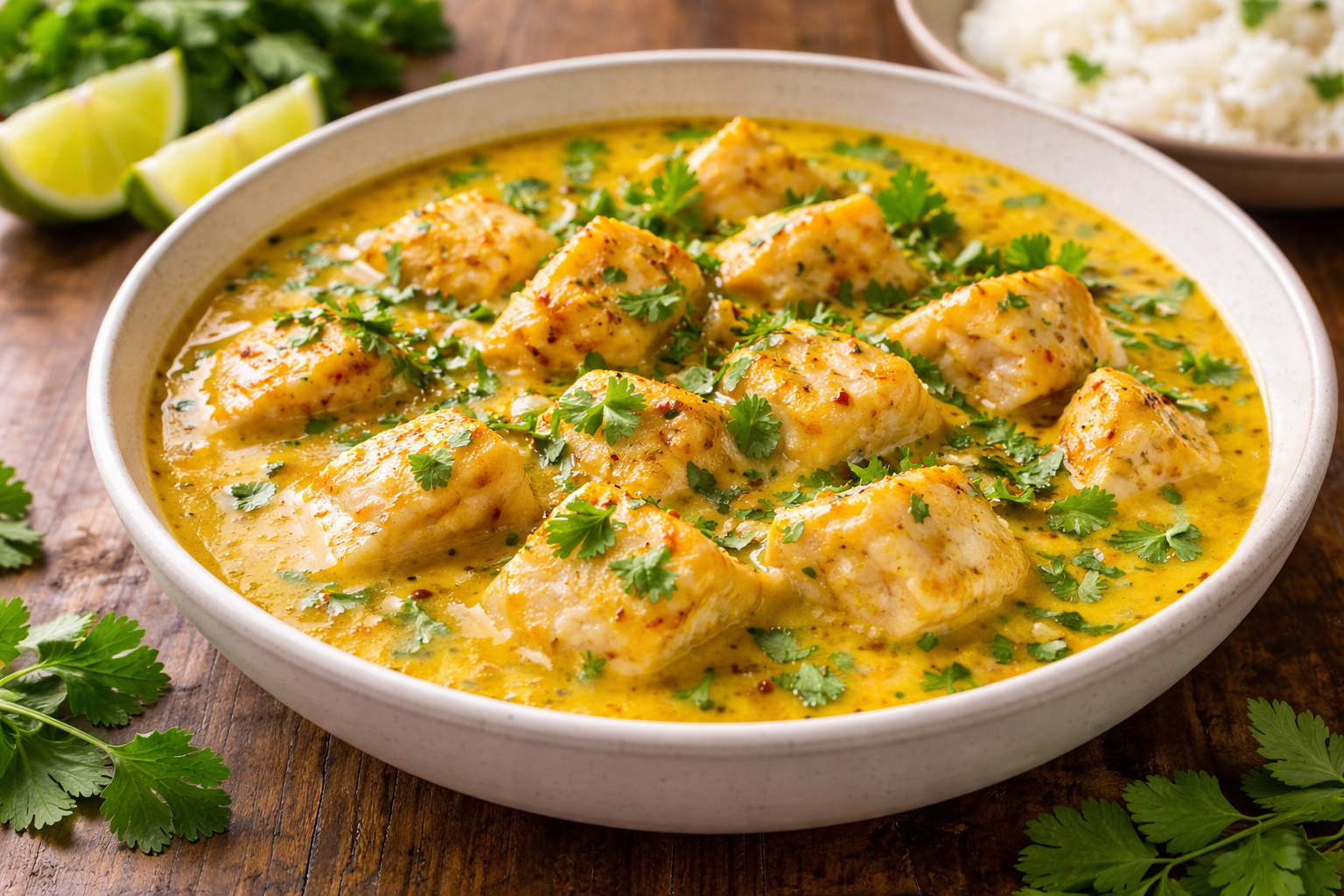 Coconut curry fish in a shallow bowl with tender fish pieces, creamy coconut curry sauce, and fresh cilantro garnish