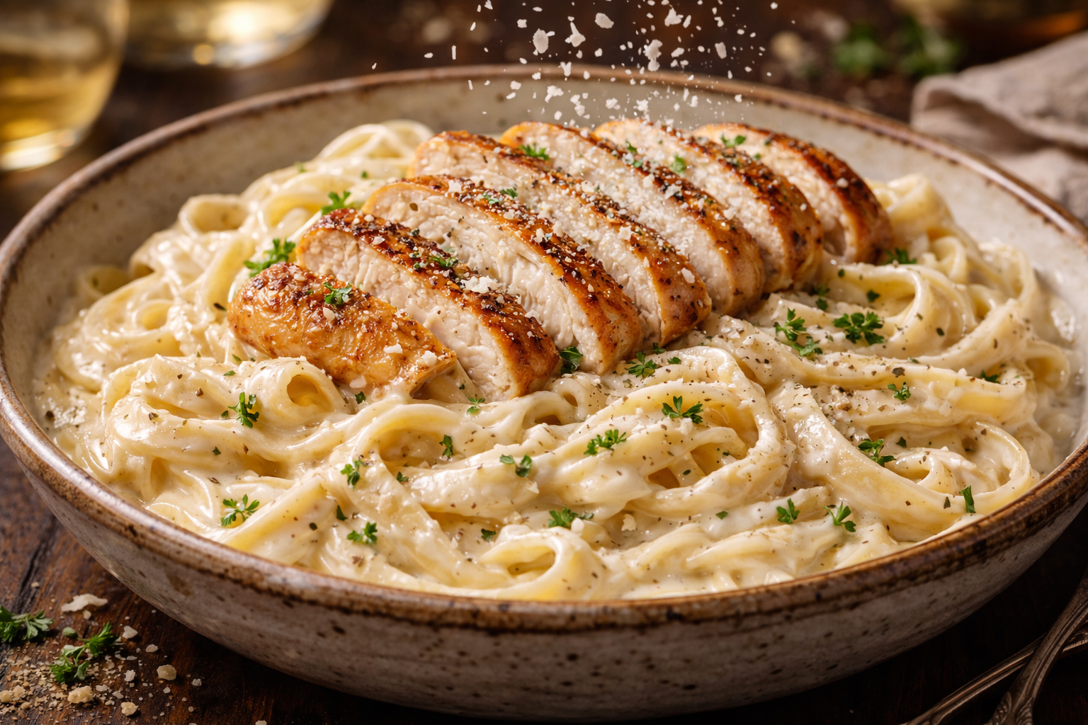 Alt text Creamy chicken Alfredo pasta in a rustic bowl with golden grilled chicken, rich Parmesan sauce, and parsley garnish