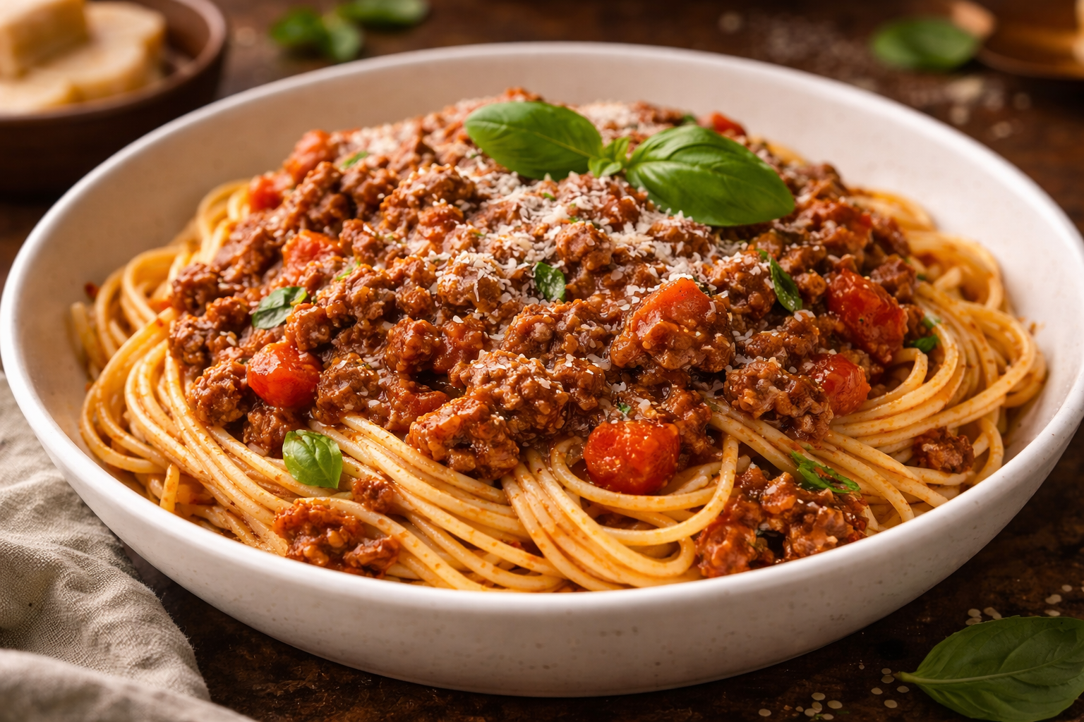 Spaghetti Bolognese with ground beef topped with grated Parmesan and fresh basil in a white bowl