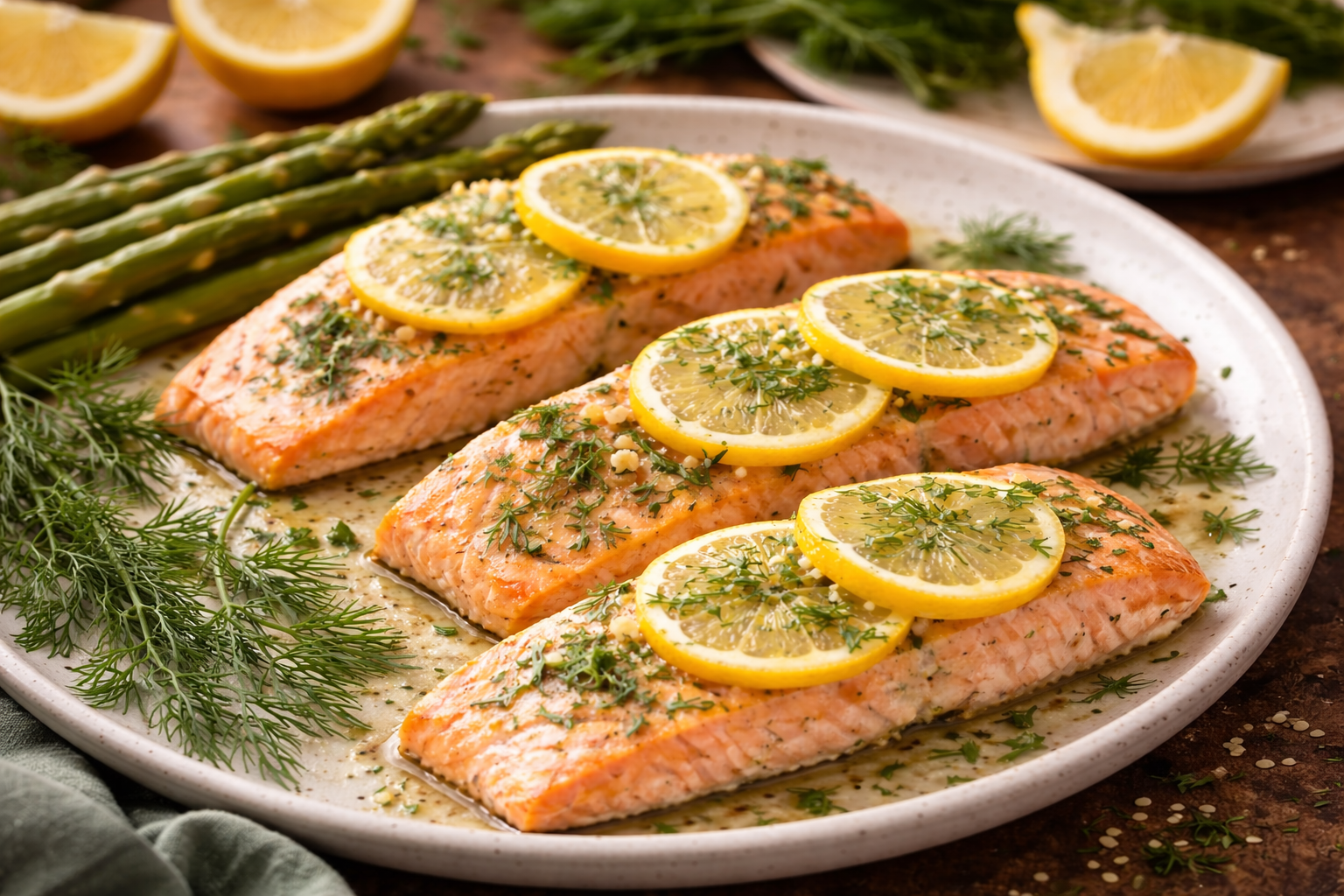 Baked salmon fillets topped with fresh lemon slices and dill on a light ceramic plate