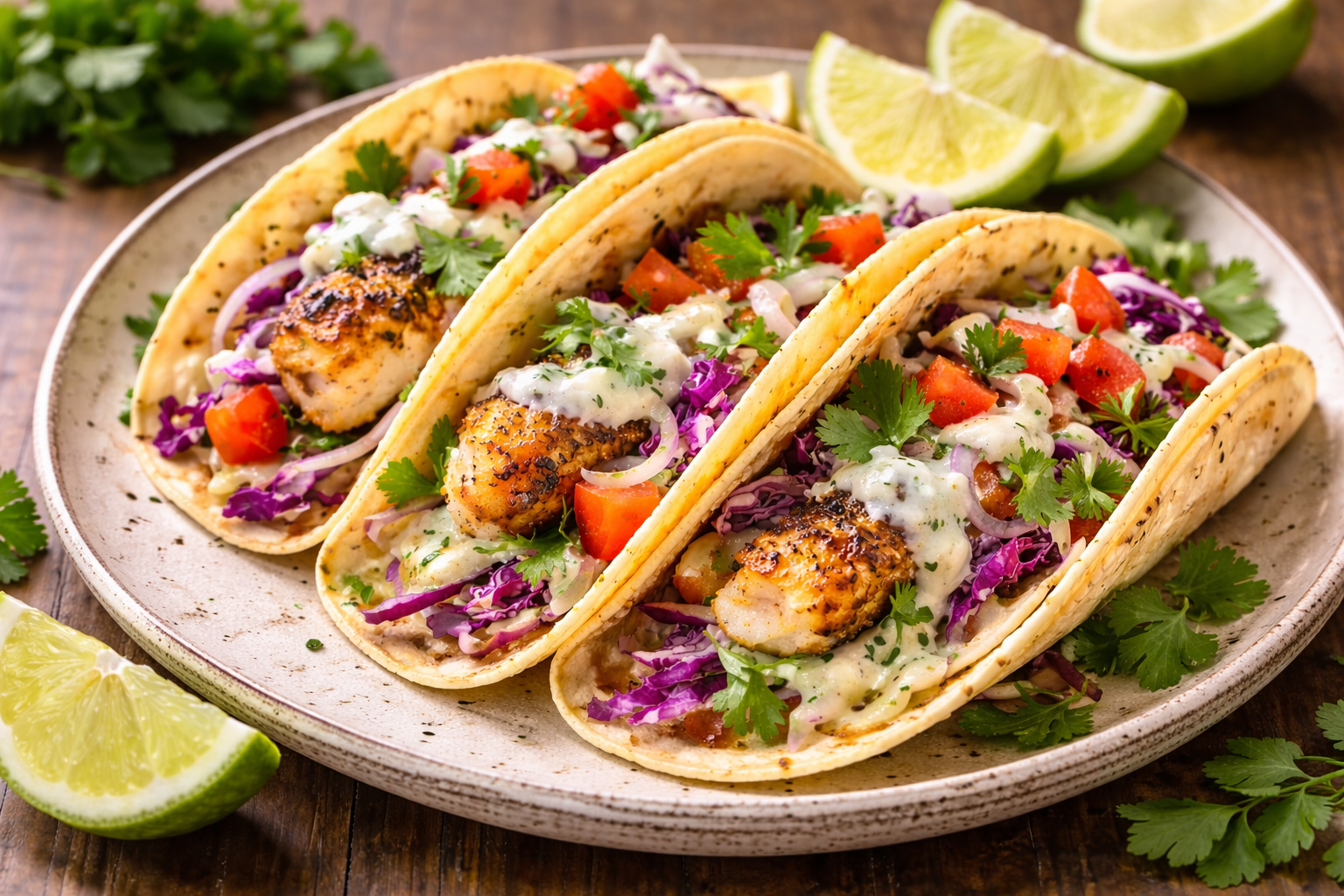 Classic fish tacos with seasoned fish, shredded cabbage, cilantro, and creamy lime sauce on a rustic plate