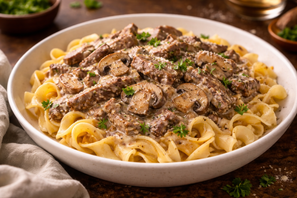 Creamy beef stroganoff with mushrooms served over egg noodles in a white bowl, garnished with parsley