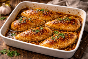 Baked honey mustard chicken breasts in a ceramic baking dish with golden glaze, glossy sweet mustard sauce, and rustic kitchen background