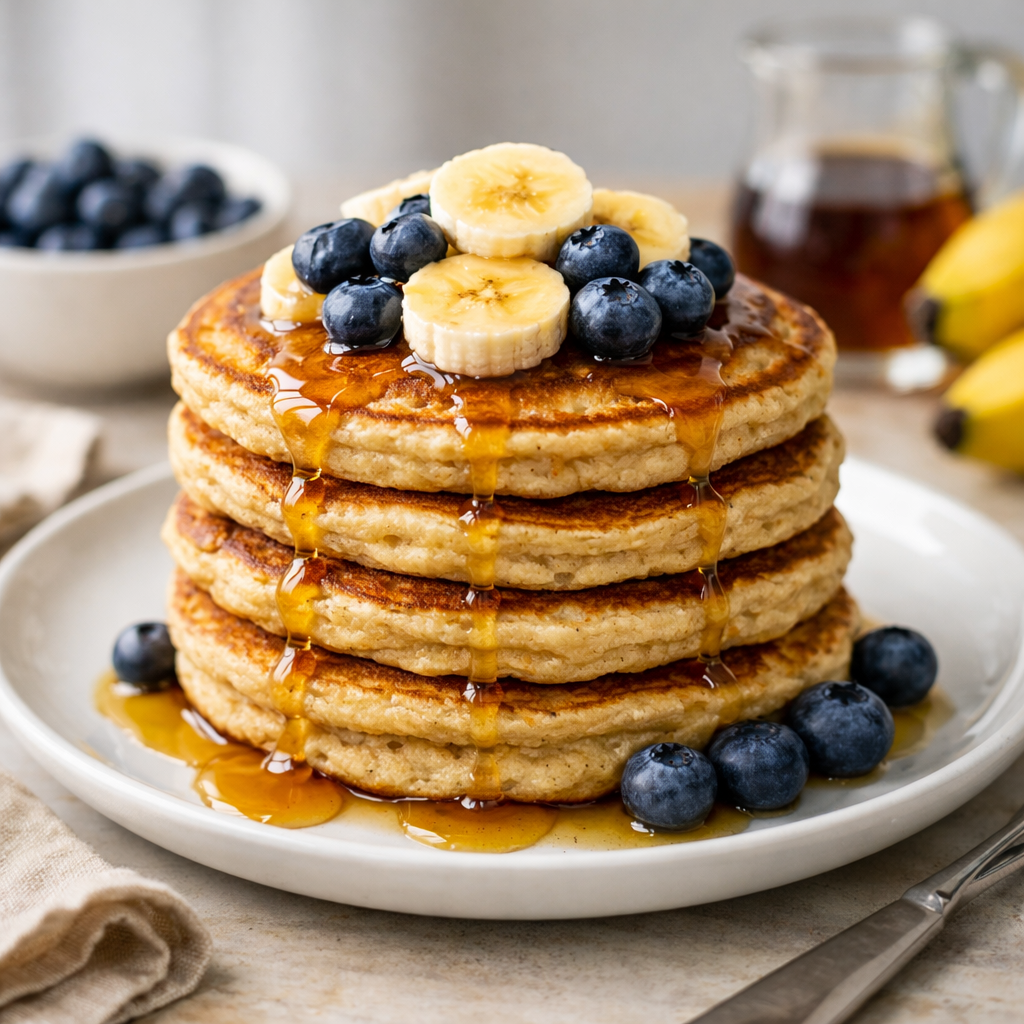 Fluffy banana oat pancakes stacked on a plate with fresh banana slices, blueberries, and maple syrup, healthy homemade breakfast recipe