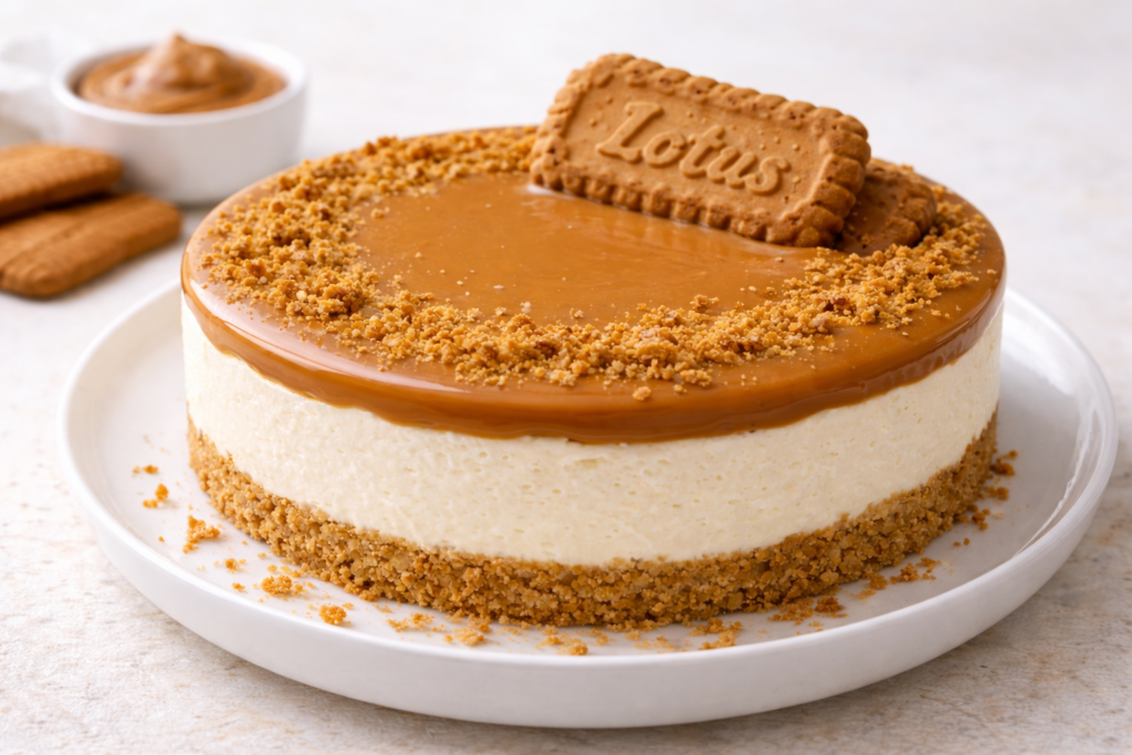 No-bake Lotus Biscoff cheesecake on a white plate with creamy cheesecake layers, glossy Biscoff topping, and Lotus biscuits, bakery-style dessert
