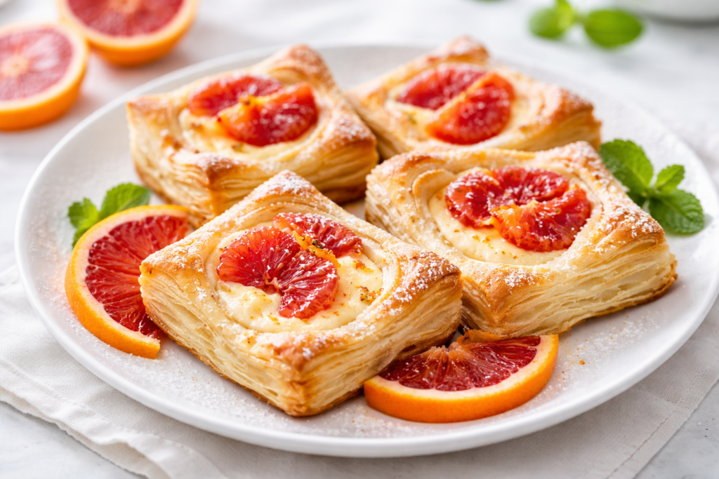 Flaky blood orange cheesecake pastries with creamy filling and citrus zest, bakery-style breakfast pastry