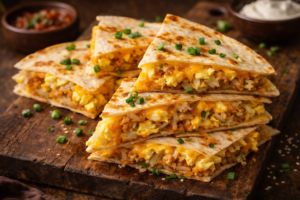 Golden breakfast quesadilla triangles filled with scrambled eggs, melted cheddar cheese, and crispy hash browns on a rustic wooden board