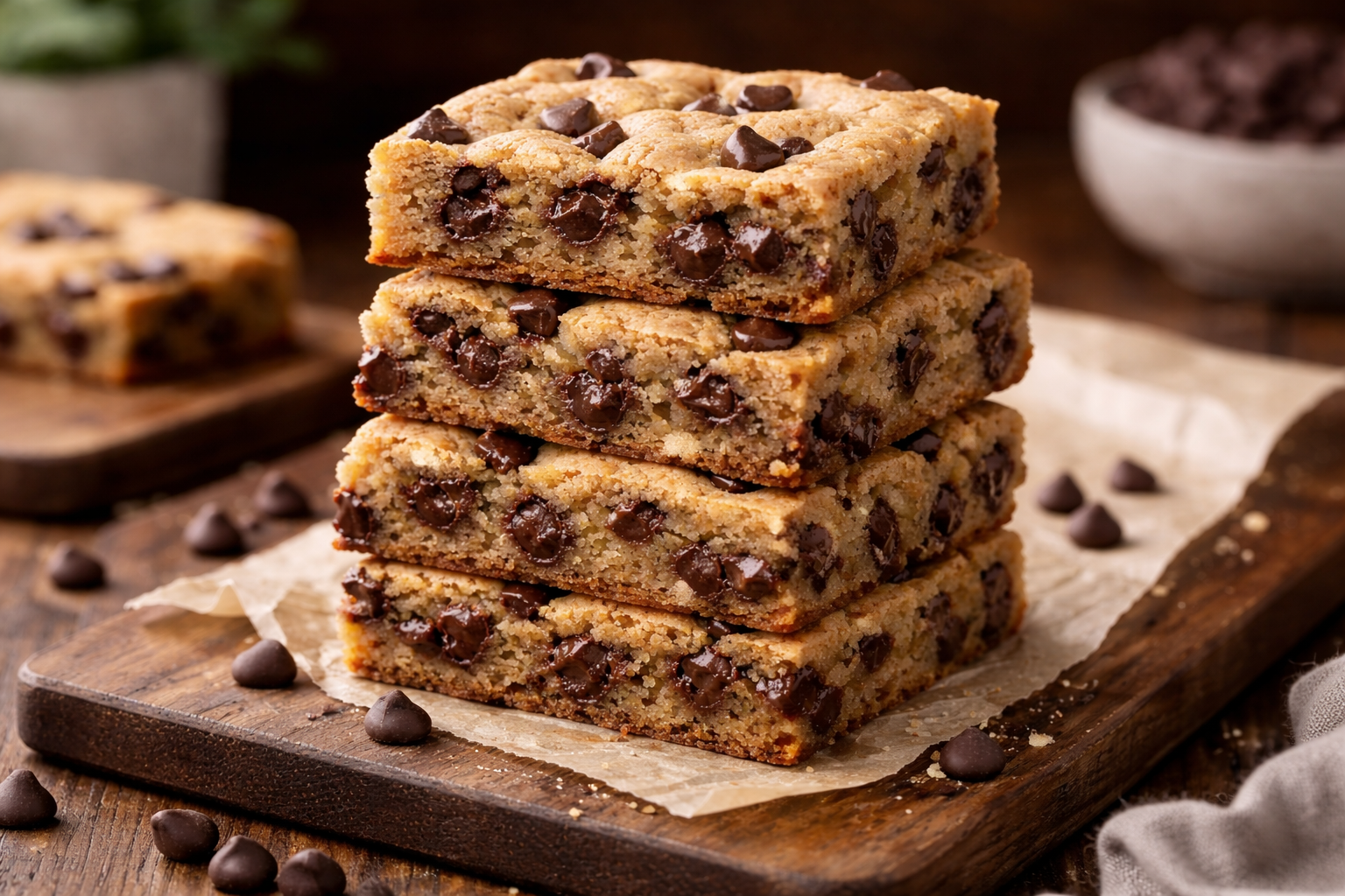 Chewy chocolate chip cookie bars sliced and stacked on a wooden board with melted chocolate chips