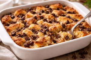 Chocolate chip bread pudding baked in a white dish with golden top and melted chocolate chips, warm homemade dessert