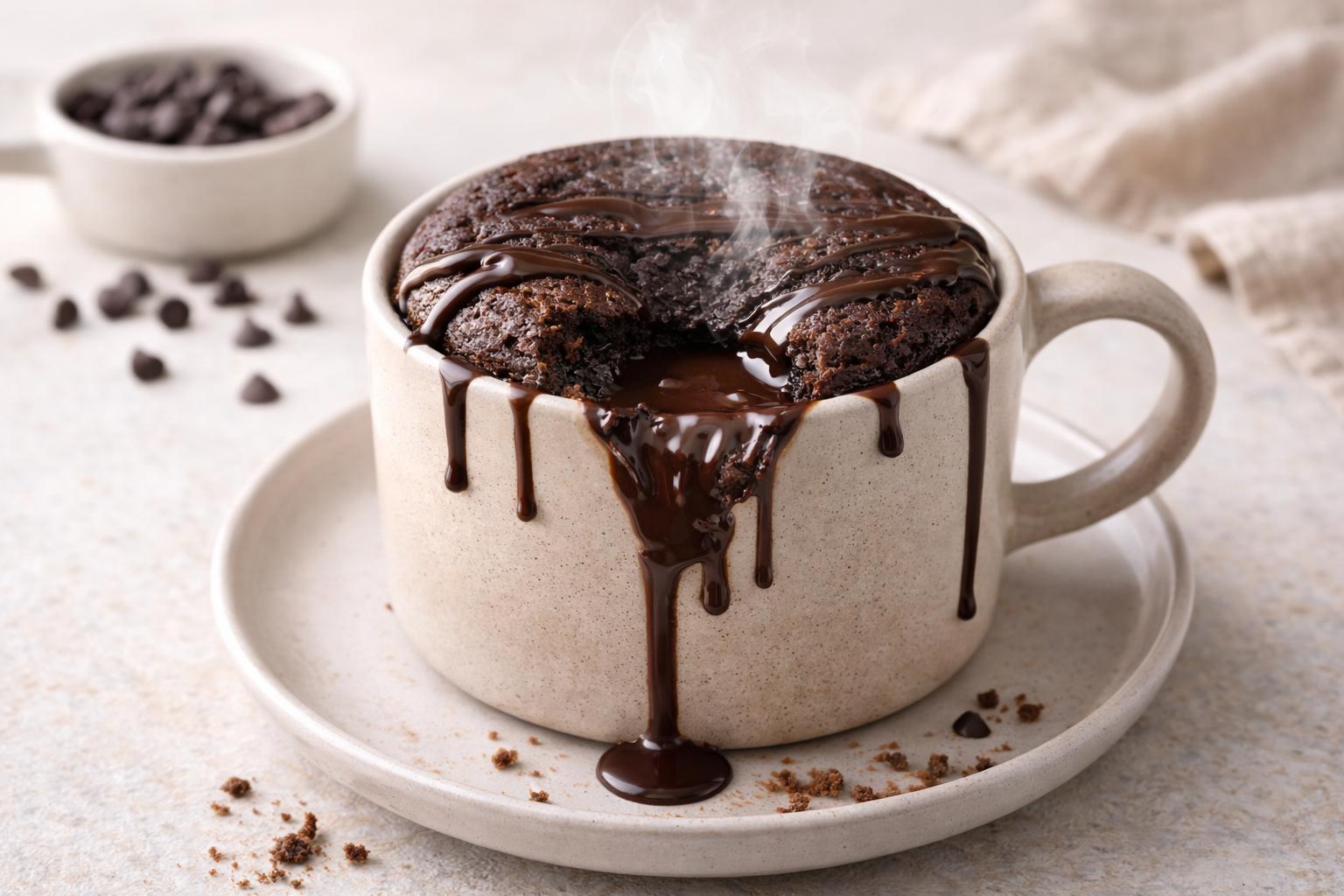 Chocolate lava mug cake in a ceramic mug with molten chocolate center and dark chocolate drizzle, quick microwave dessert