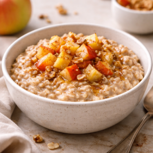 Creamy cinnamon apple oatmeal topped with diced apples and cinnamon