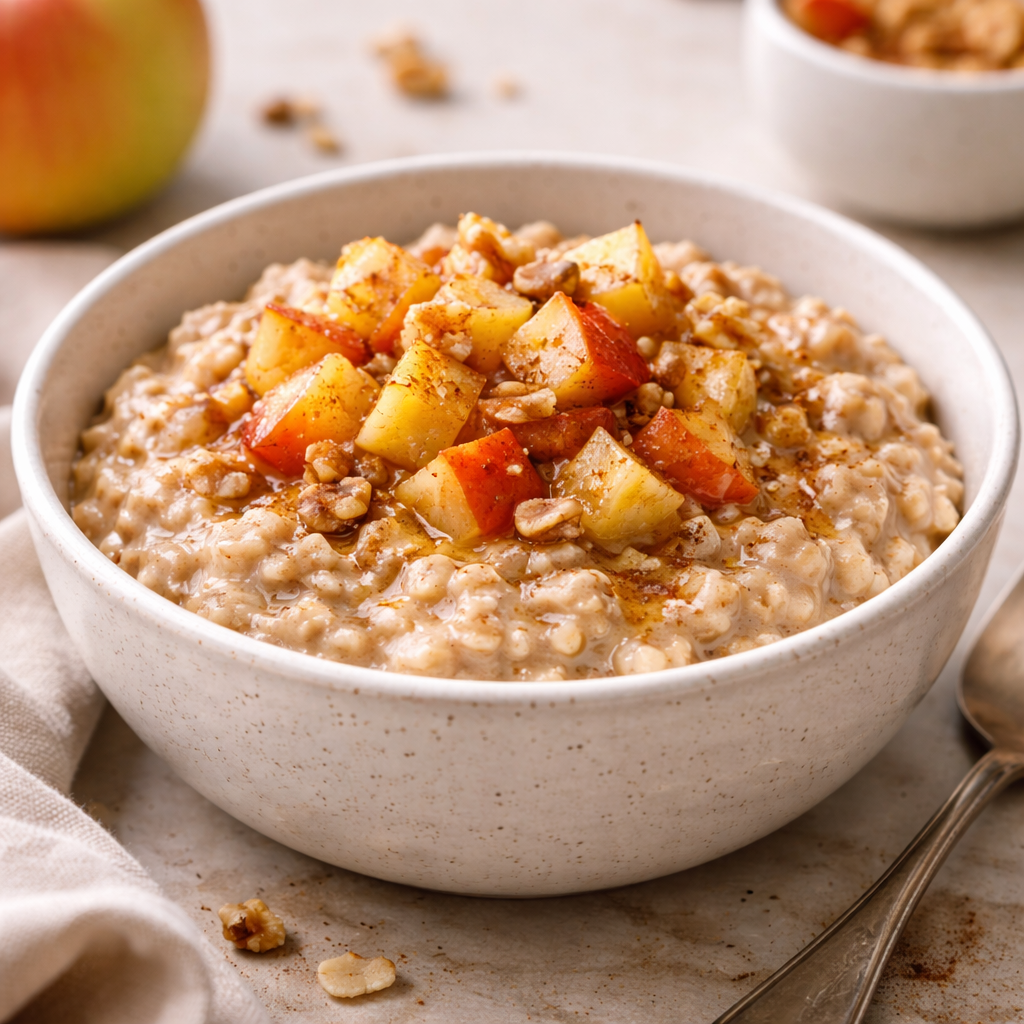 Creamy cinnamon apple oatmeal topped with diced apples and cinnamon