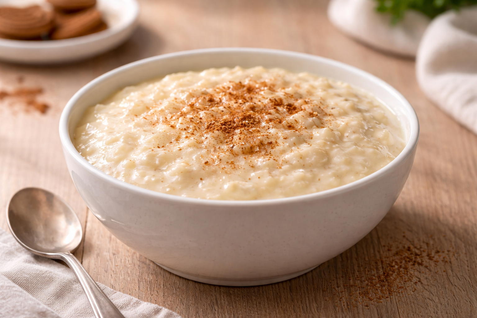 Classic vanilla rice pudding in a white bowl with creamy texture and cinnamon topping, homemade dessert recipe