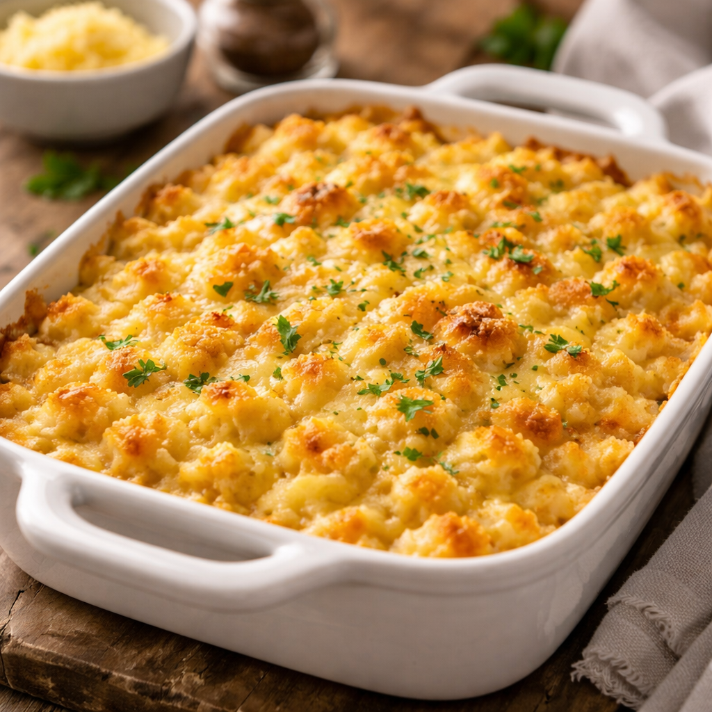 Creamy baked mac and cheese in a ceramic dish, golden and bubbly, classic comfort food recipe