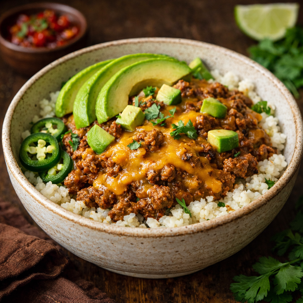 Creamy keto taco bowl with cauliflower rice, cheesy seasoned ground beef, melted cheddar, avocado, and cilantro