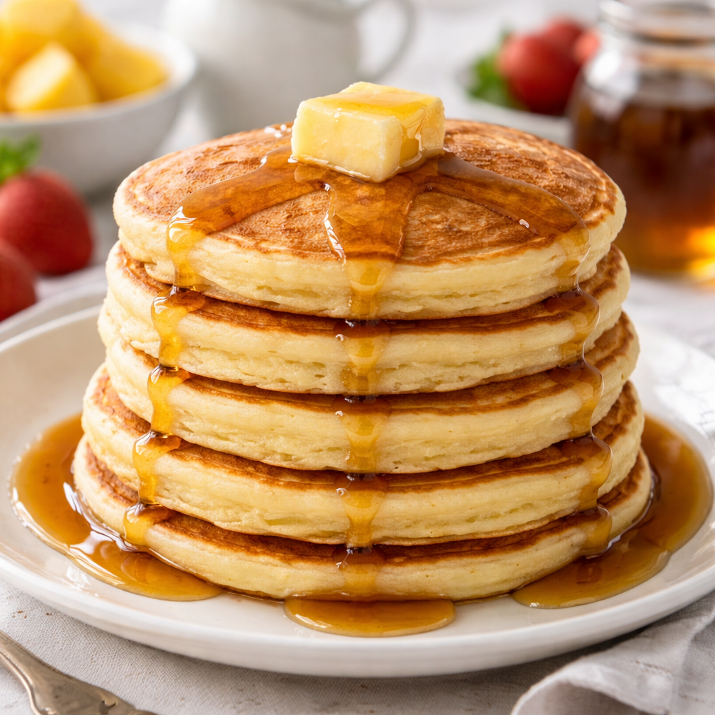 Fluffy pancakes stacked on a plate with butter and maple syrup, easy homemade breakfast recipe