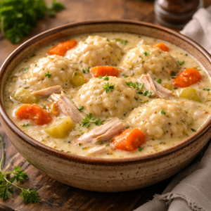 Homemade chicken and dumplings in a rustic bowl with creamy broth, tender chicken, and fluffy dumplings