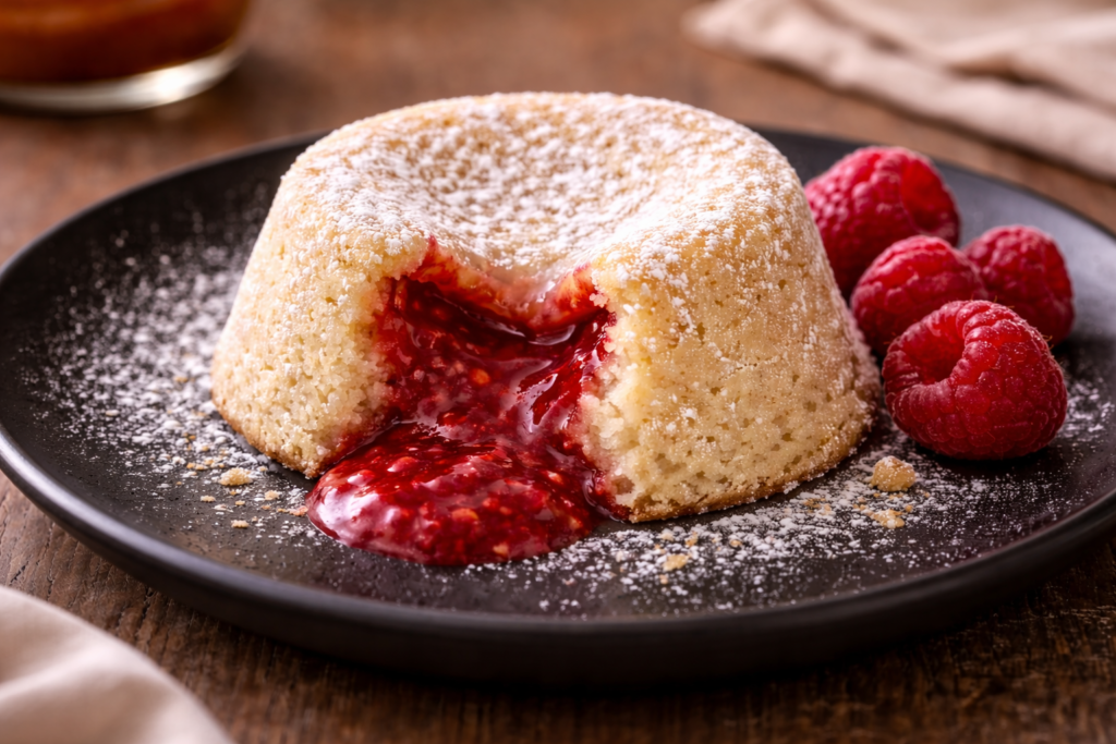White chocolate raspberry lava cake with molten raspberry center flowing out, elegant homemade dessert
