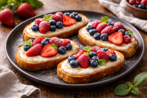 Sweet berry cream cheese toast on a matte black plate with strawberries, blueberries, and raspberries on toasted bread