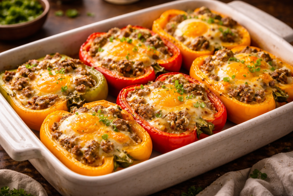 Cheesy breakfast stuffed bell peppers baked with eggs and sausage in a ceramic dish, topped with melted cheddar and green onions