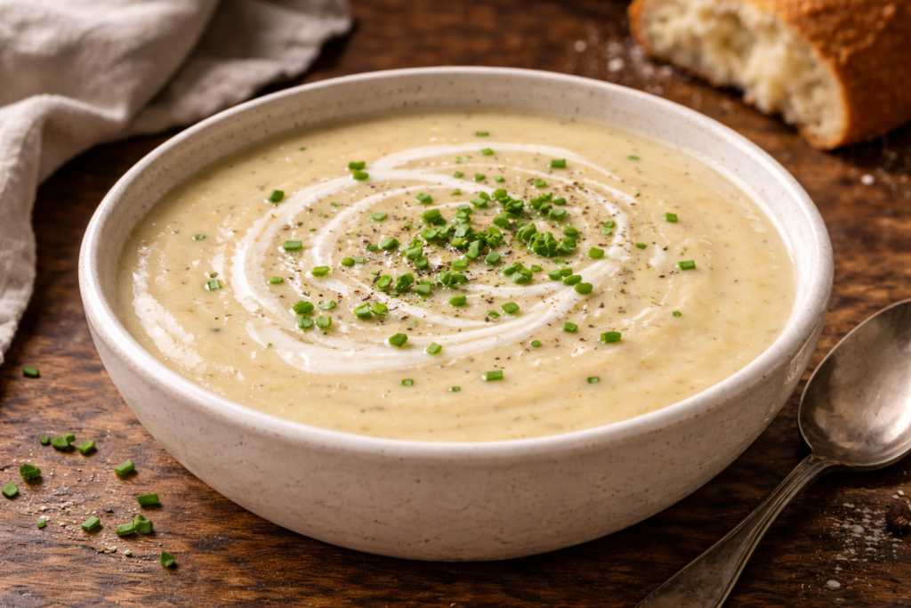 Creamy roasted garlic potato soup topped with a swirl of cream and chopped chives in a ceramic bowl