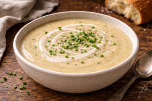 Creamy roasted garlic potato soup topped with a swirl of cream and chopped chives in a ceramic bowl